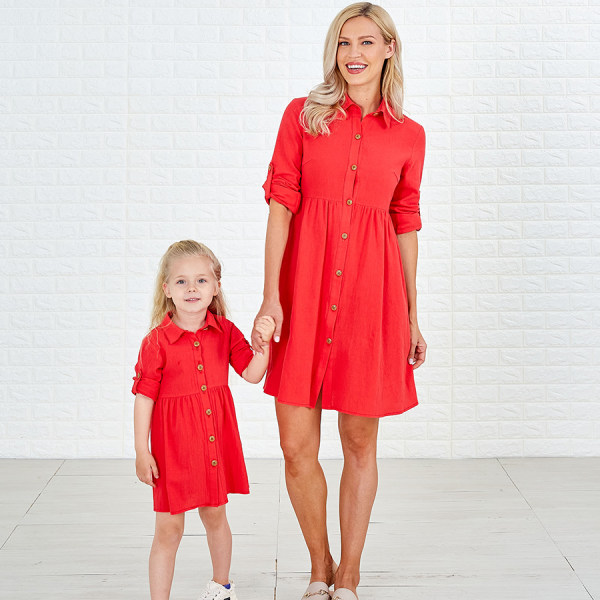 Sweet Red Cotton Blend Lapel Long Sleeves Mom Girl Matching Dress - 1390