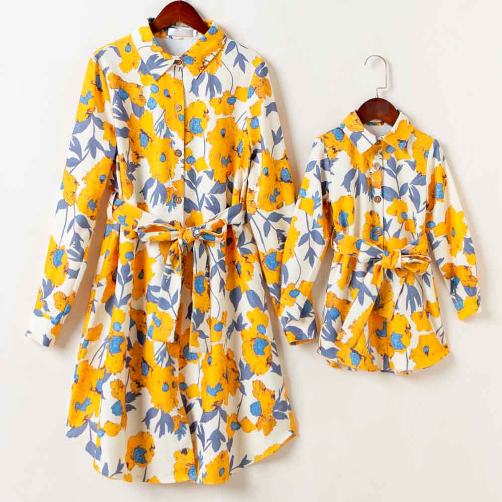 Sweet Yellow Flowers Long Sleeve Mom Girl Matching Shirt Dress - 13143