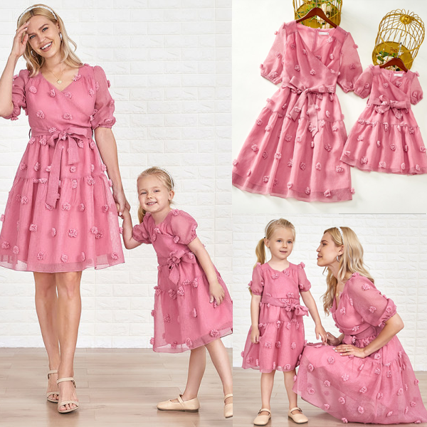 Sweet Pink Chiffon Jacquard Short Sleeve Mom Girl Matching Dress - 1309
