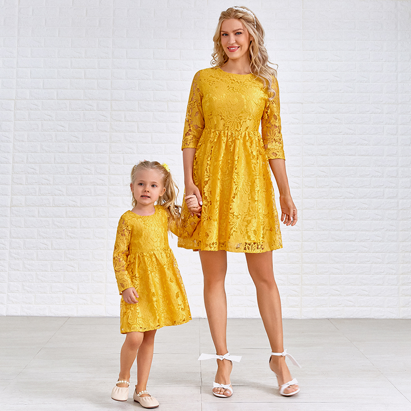 Sweet Yellow Lace Round Neck Sleeves Mom Girl Matching Dress - 1397