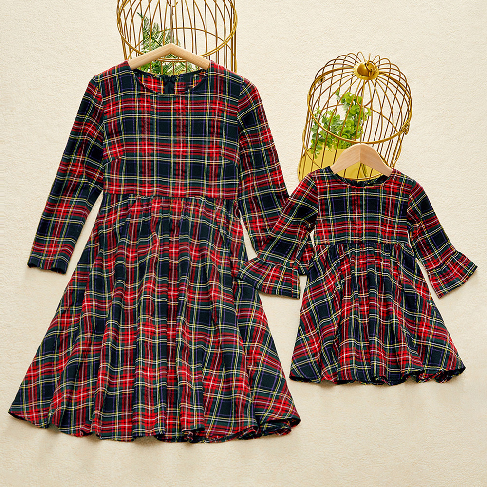 Long Sleeve Blue Plaid Mom Girl Matching Dress