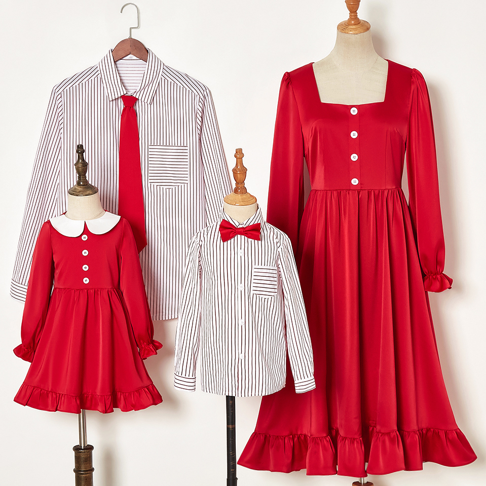 Casual Striped Shirt And Red Dress Family Matching Outfits - 2122