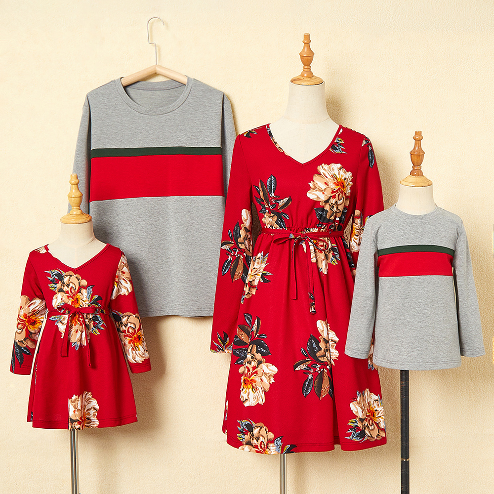 Floral Dress And Striped T-shirt Family Matching Outfits