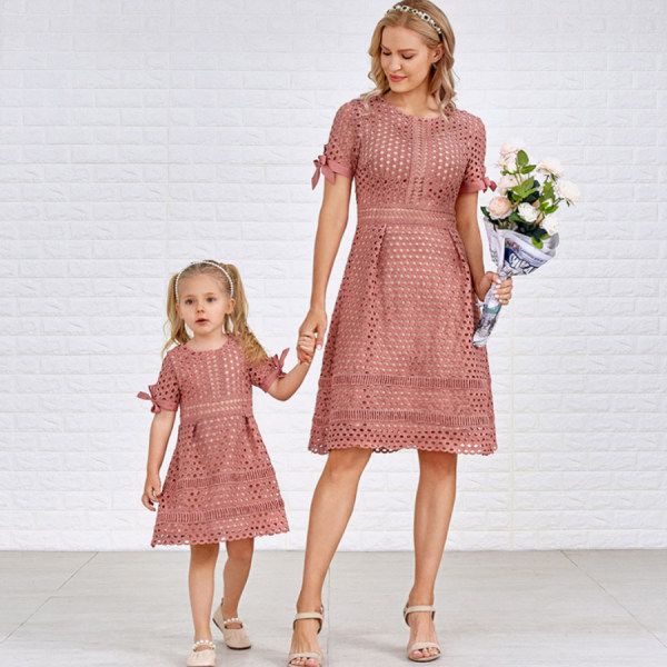 Pure Color Hollow Out Short Sleeve Mom Girl Matching Dress - 1357