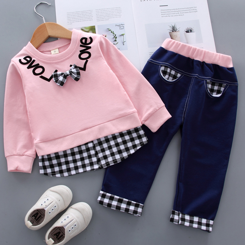 【12M-5Y】Kids Clothes Fashion Plaid spliced Sweatshirt Pants Set (SHOES NOT INCLUDE)- 3483