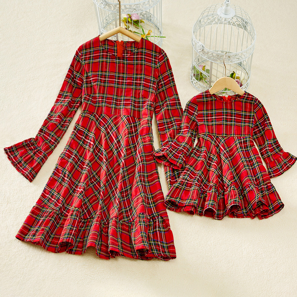 Red Plaid Flared Sleeve Mom Girl Matching Dress - 13121