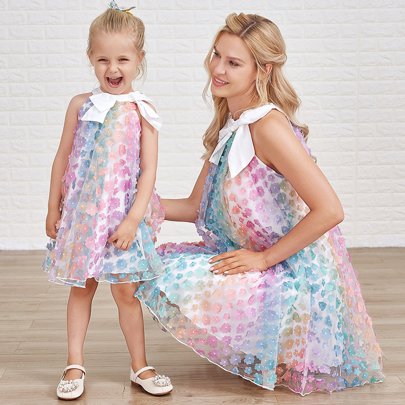 Sweet Colorful Flower Embroidery Bow Mom Girl Matching Dress - 13145
