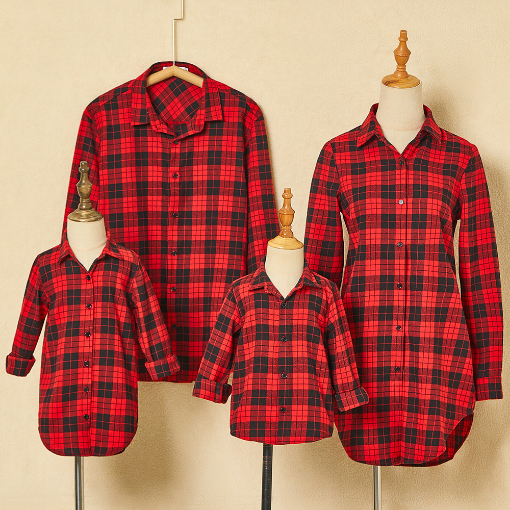Classic Red Plaid Cotton Blends Long Sleeve Shirt Family Matching Outfits