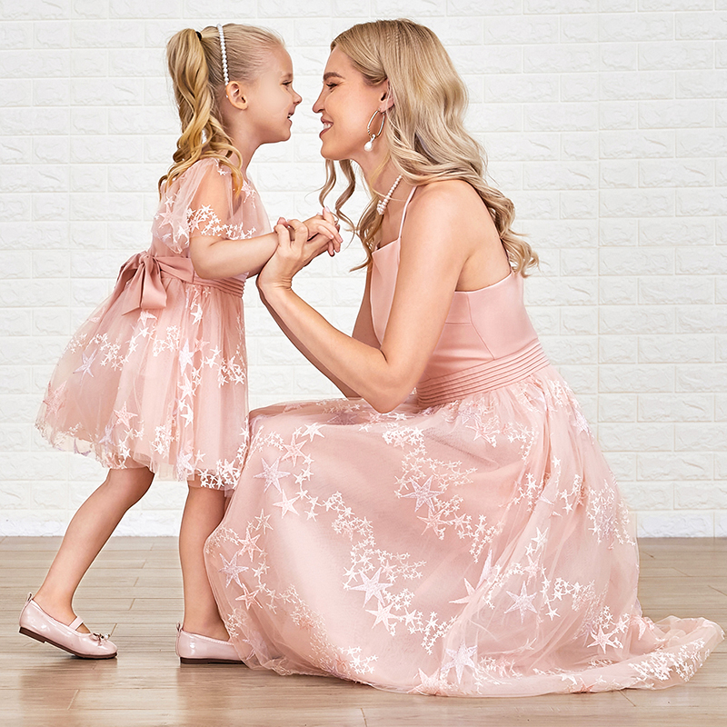 Sweet Embroidered Pink Mesh Mom Girl Matching Dress - 1333