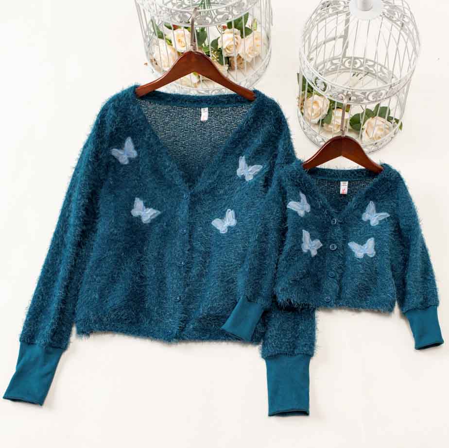 Sweet Butterfly Embroidery Blue Sweater Mom Girl Matching Cardigan - 1163