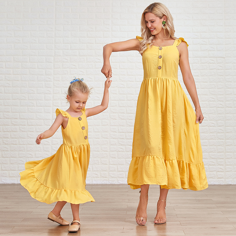 Sweet Yellow Ruffled Mom Girl Matching Dress - 1319