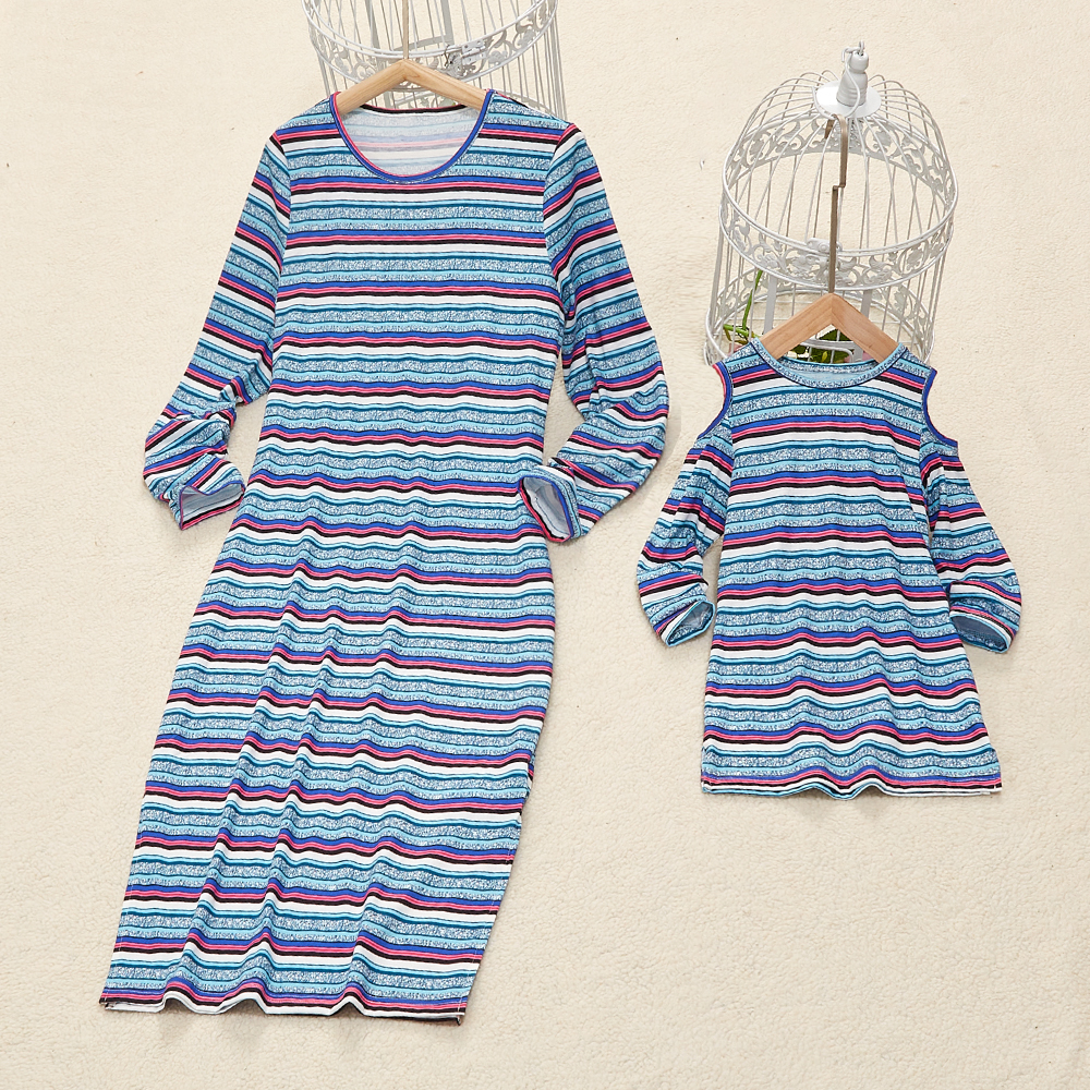 Round Neck Long Sleeves Striped Mom Girl Matching Dress