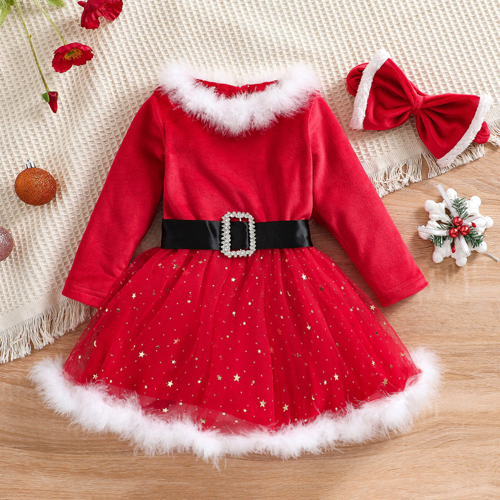 【18M-7Y】Girl Sweet Christmas Star Mesh Red Dress With Headband - 33228