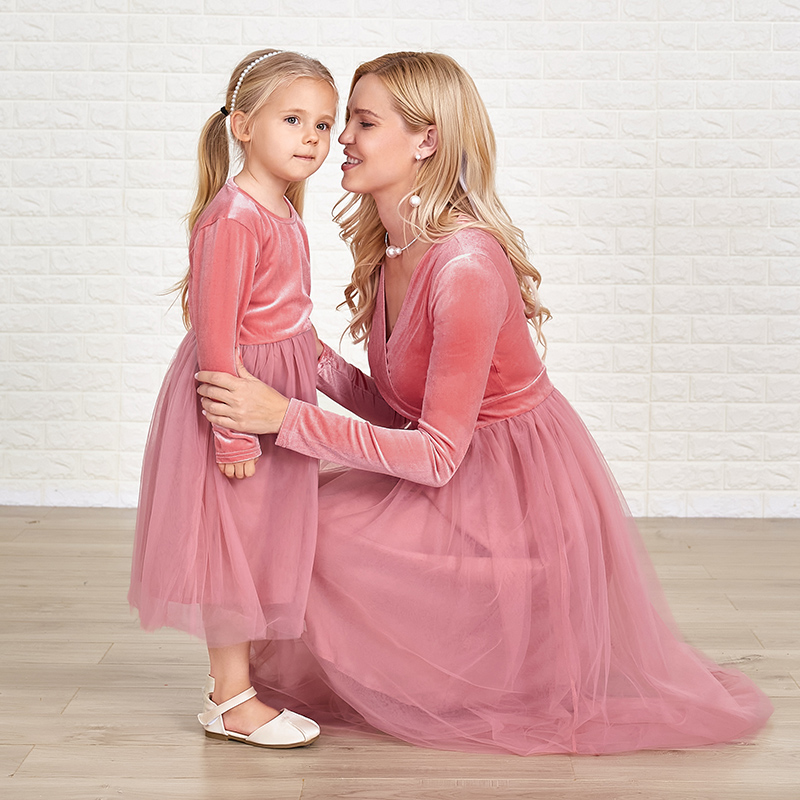 Classic Pink Velvet Mesh Long Sleeves Mom Girl Matching Dress - 13113