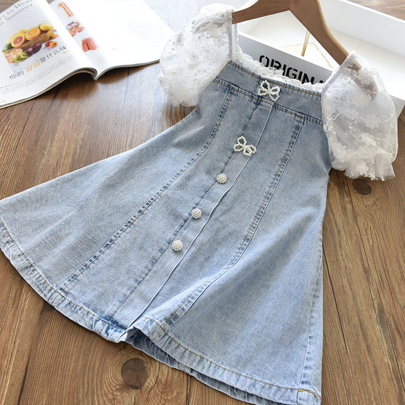 【18M-9Y】Girl Sweet Lace Puff Sleeve Denim Dress - 33189