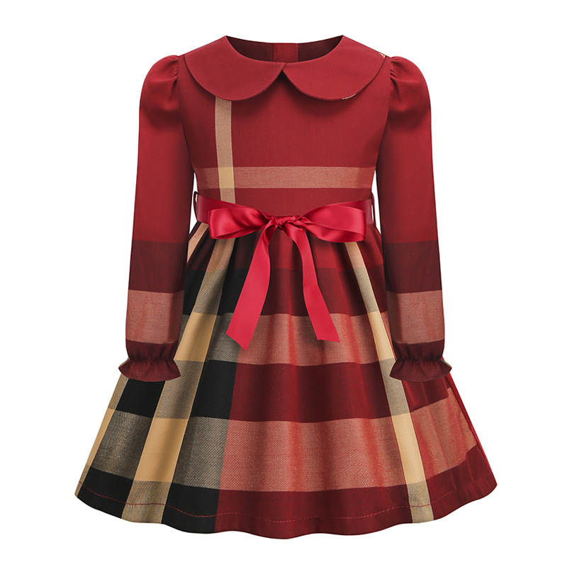 【18M-8Y】Girls Cotton Red Plaid Long Sleeve Dress - 33262