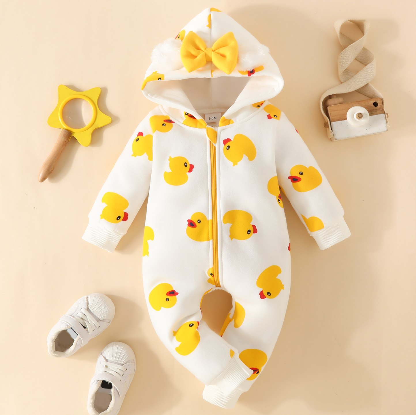 【0M-18M】Baby Girl Cute Duck And Heart Shape Print And Bow Hooded Romper