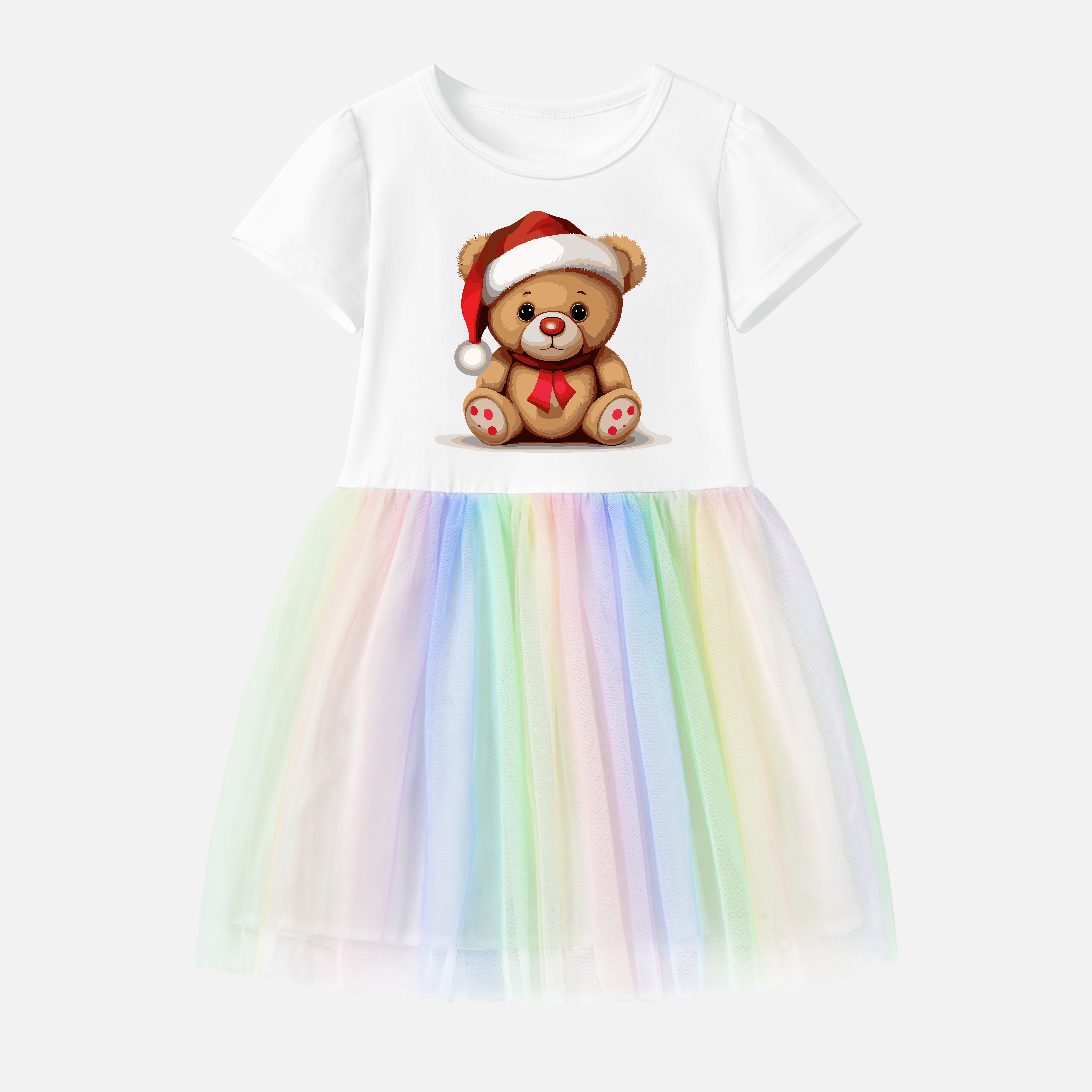 【12M-7Y】Girl Christmas Bear Print Cotton Stain Resistant Cartoon Splicing Tulle Short Sleeve Dress
