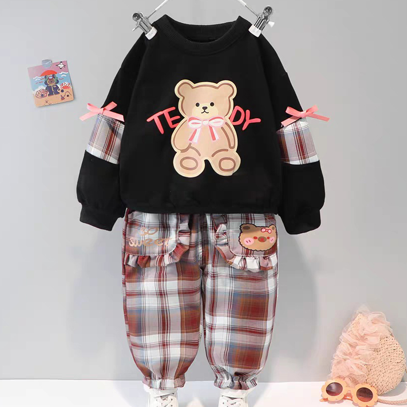 【12M-5Y】2-piece Girls Cute Bear And Letter Print Round Neck Long Sleeve Sweatshirt And Plaid Pants Set - 34423