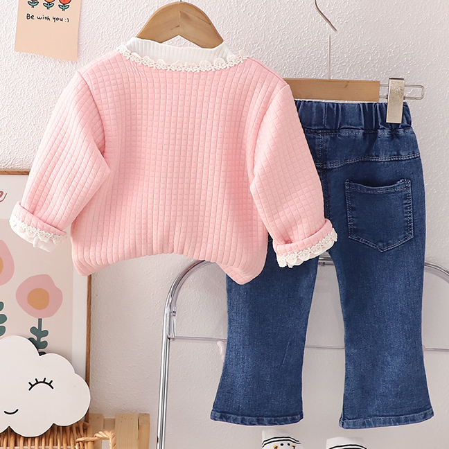 【12M-5Y】3-piece Girls Fashionable White T-shirt And Flower Embroidered Cardigan And Jeans Set - 34427