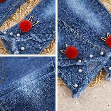 【6M-9Y】Girl Sweet Flowers And Fringed Blue Jeans 【6M-9Y】Girl Sweet Flowers And Fringed Blue Jeans