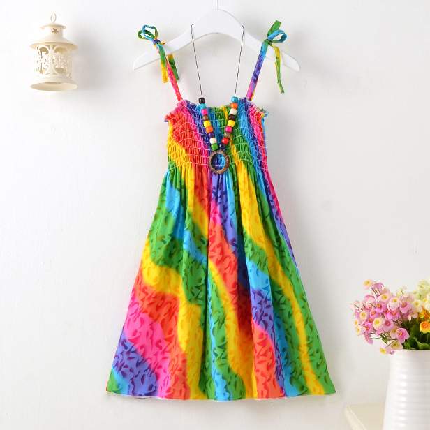 【2Y-13Y】2-piece Girls Fashion Flower And Butterfly Print Slip Bohomia Dress With Necklace - 33323