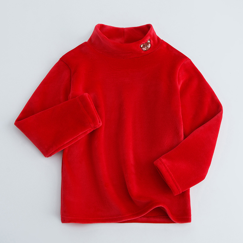 【3Y-12Y】Kids Casual Cartoon Bear Embroidered Half Turtleneck Fleece T-Shirt