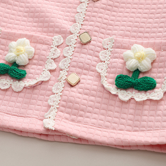 【12M-5Y】3-piece Girls Fashionable White T-shirt And Flower Embroidered Cardigan And Jeans Set - 34427