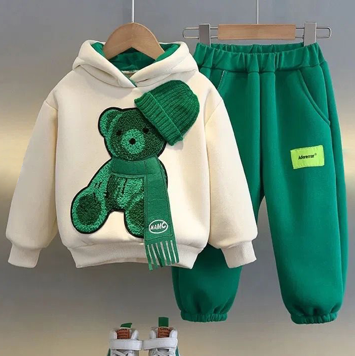 【12M-8Y】2-piece Boys Casual Scarf Bear Embroidered Hooded Sweatshirt And Pants Set