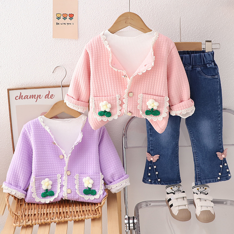 【12M-5Y】3-piece Girls Fashionable White T-shirt And Flower Embroidered Cardigan And Jeans Set - 34427