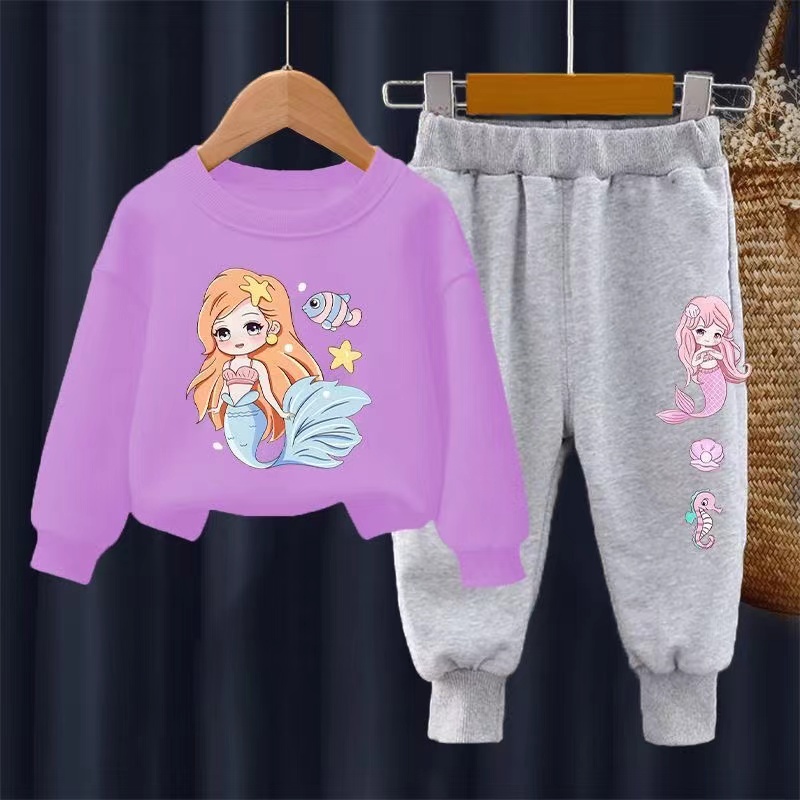 【18M-11Y】2-piece Girls Cute Mermaid Print Sweatshirt And Pants Set - 34287