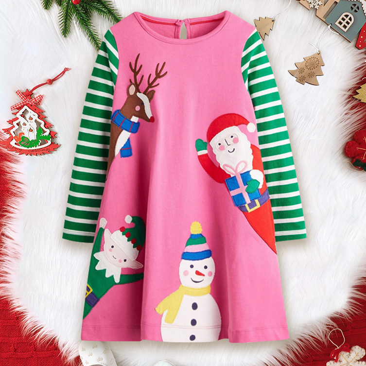 【18M-7Y】Girls Cute Christmas Pattern Embroidered Round Neck Long Sleeve Dress
