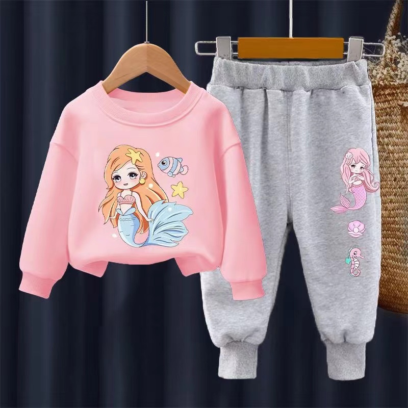 【18M-11Y】2-piece Girls Cute Mermaid Print Sweatshirt And Pants Set - 34287
