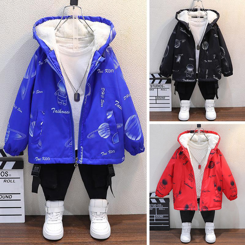 【2Y-10Y】Boys Casual Cartoon Astronaut Print Thickened Fleece Hooded Jacket