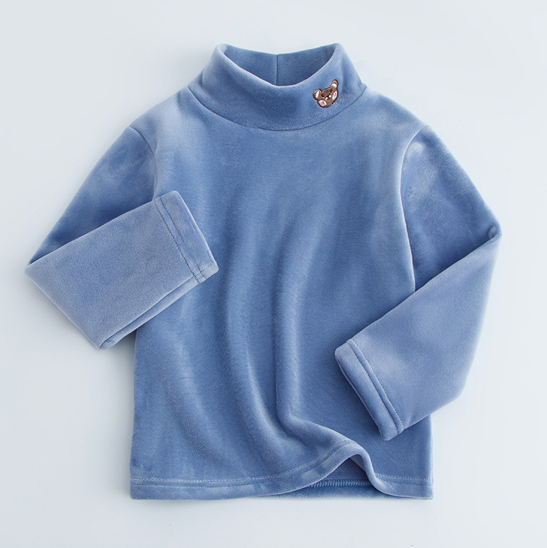 【3Y-12Y】Kids Casual Cartoon Bear Embroidered Half Turtleneck Fleece T-Shirt