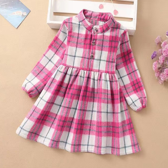 【18M-7Y】Girls Fashion Stand Collar Plaid Long Sleeve Dress