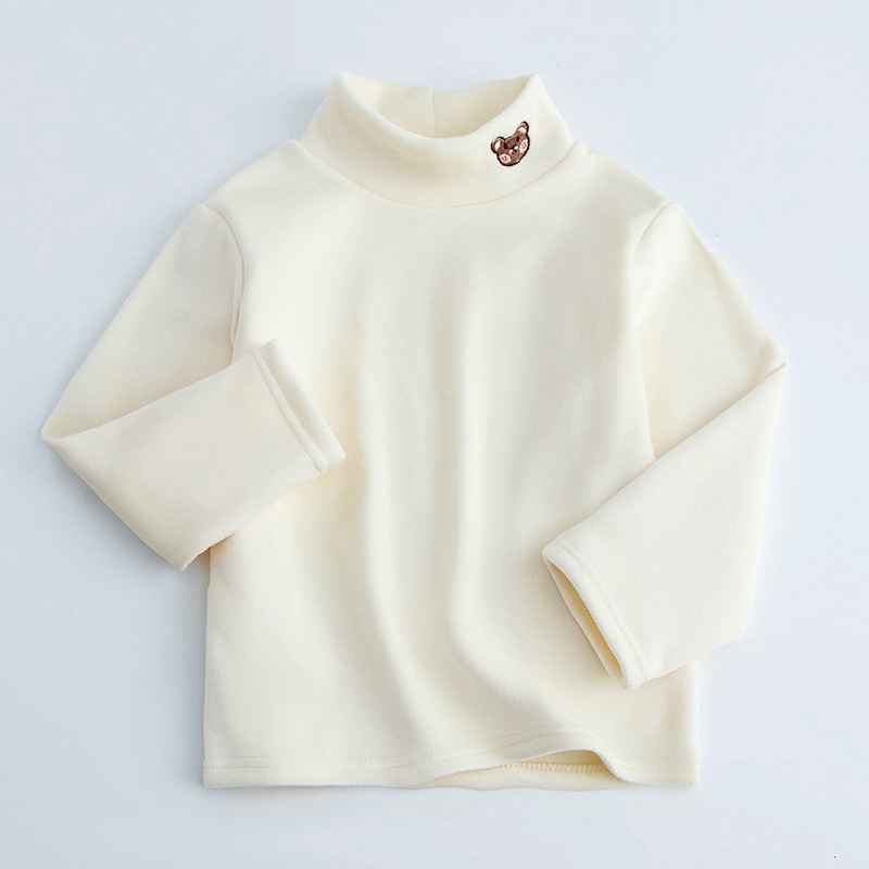 【3Y-12Y】Kids Casual Cartoon Bear Embroidered Half Turtleneck Fleece T-Shirt