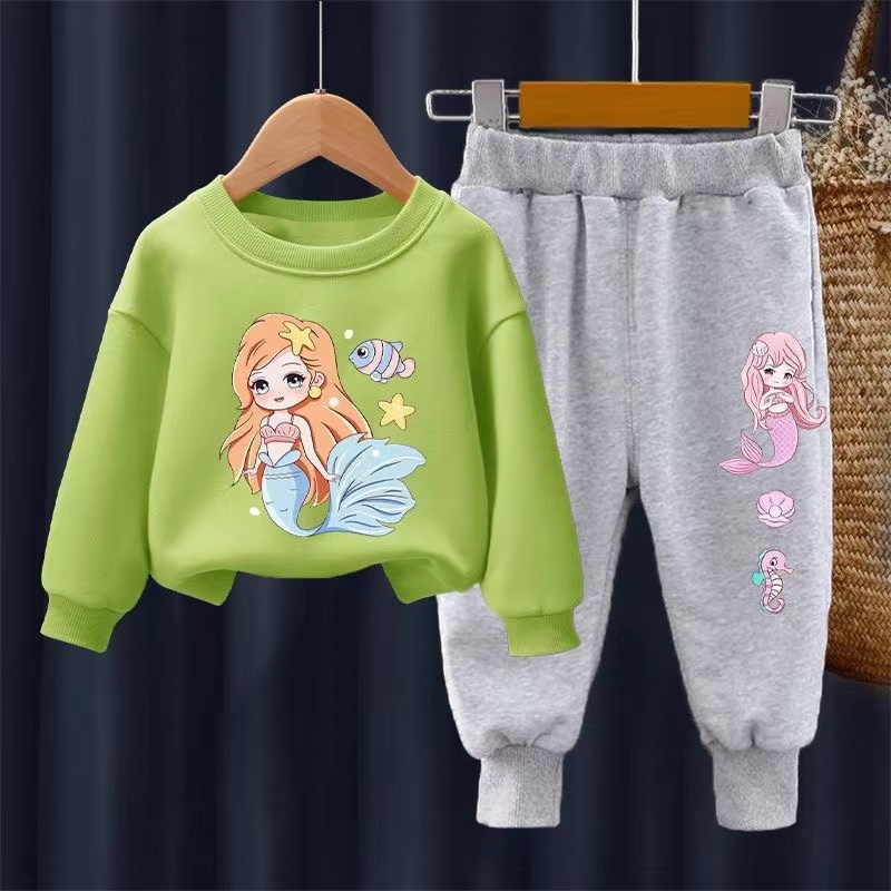 【18M-11Y】2-piece Girls Cute Mermaid Print Sweatshirt And Pants Set - 34287