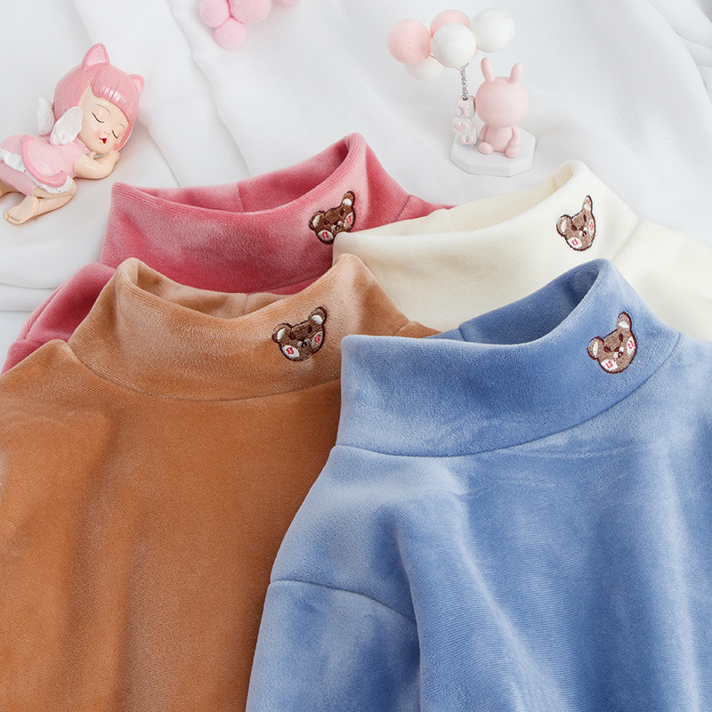 【3Y-12Y】Kids Casual Cartoon Bear Embroidered Half Turtleneck Fleece T-Shirt