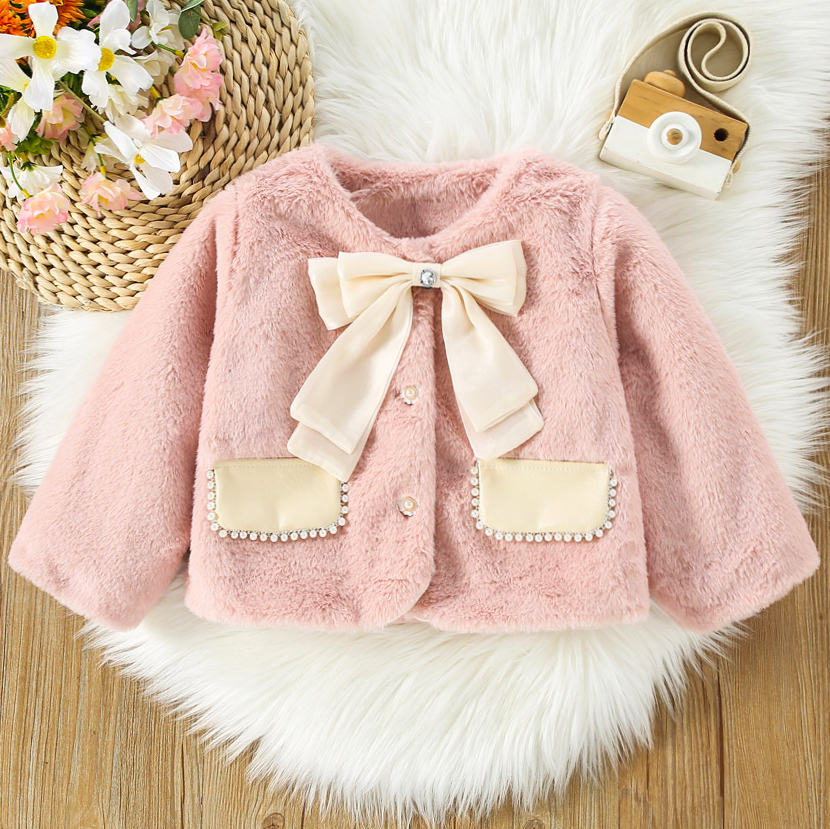 【12M-4Y】Girls Sweet Bow And Pearl Faux Fur Coat