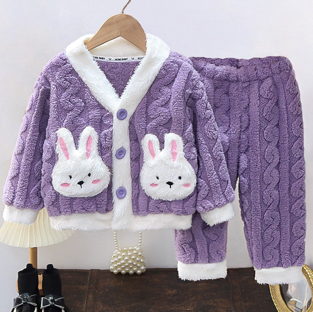 【12M-6Y】2-piece Girls Cute Bunny Pocket Coral Velvet Pajama Set