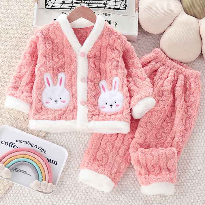 【12M-6Y】2-piece Girls Cute Bunny Pocket Coral Velvet Pajama Set