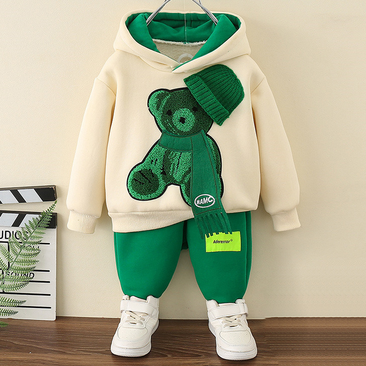 【12M-8Y】2-piece Boys Casual Scarf Bear Embroidered Hooded Sweatshirt And Pants Set