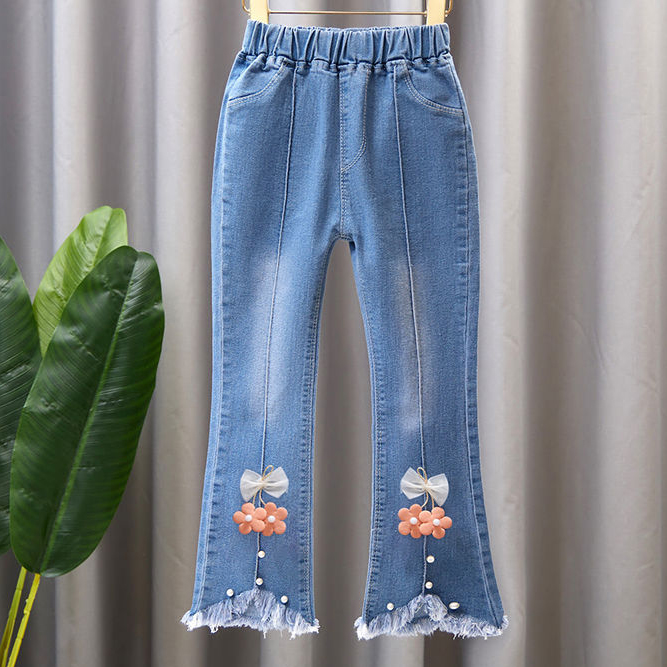 【2Y-13Y】Girl Fashion Flowers And Beads Blue Jeans