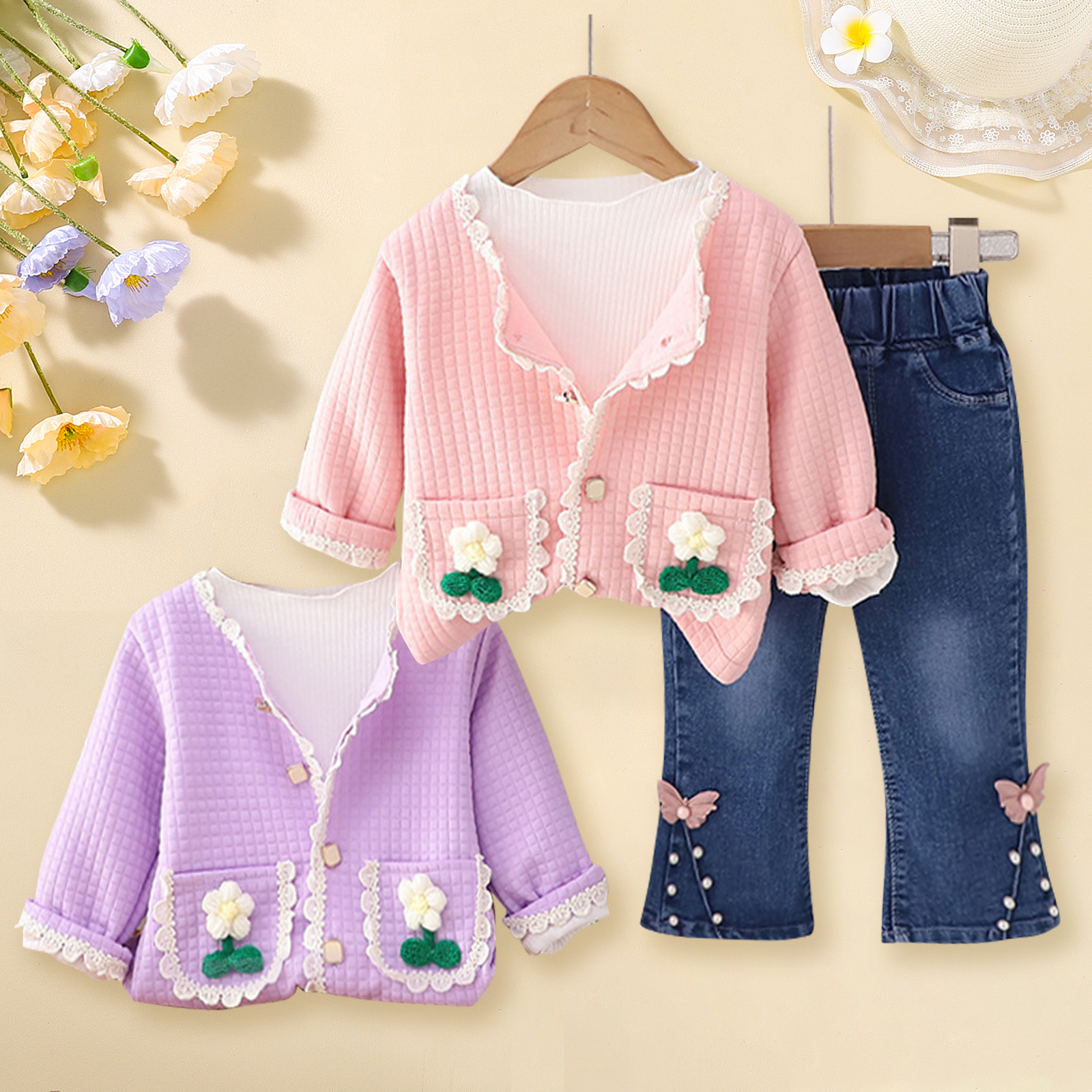 【12M-5Y】3-piece Girls Fashionable White T-shirt And Flower Embroidered Cardigan And Jeans Set - 34427