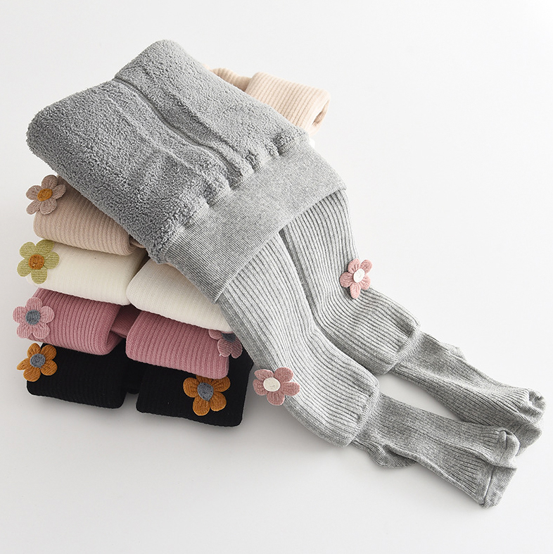【1Y-11Y】Girls Cute Floral Embroidery Thickened Fleece Pantyhose