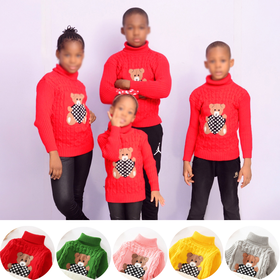 【18M-9Y】Kids Fashion Bear Pattern High Quality Fleece Thickened Funnel Neck Sweater - 9108