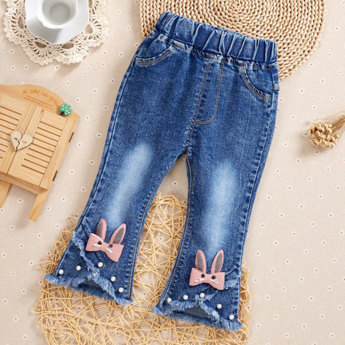 【6M-9Y】Girl Sweet Flowers And Fringed Blue Jeans 【6M-9Y】Girl Sweet Flowers And Fringed Blue Jeans