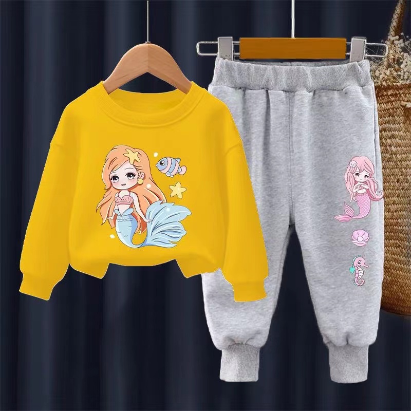 【18M-11Y】2-piece Girls Cute Mermaid Print Sweatshirt And Pants Set - 34287