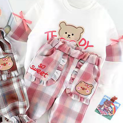【12M-5Y】2-piece Girls Cute Bear And Letter Print Round Neck Long Sleeve Sweatshirt And Plaid Pants Set - 34423
